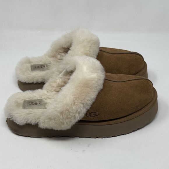 UGG Disquette Platform Slippers Shoes Womens 11 Brown Chestnut Shearling Lined - Picture 1 of 16